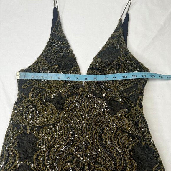 Free People Night Shimmer Lace Mini Dress Sequin Sleeveless Olive Green Black 4 - Picture 5 of 13